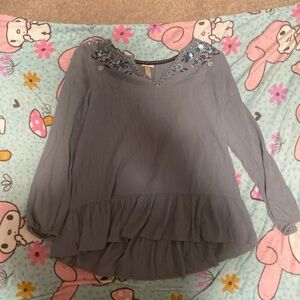 Knox Rose Gray Blouse with Blue Embroidery